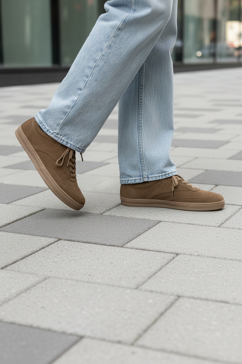 Brown shoes and light blue jeans on a person walking on a tiled pavement.