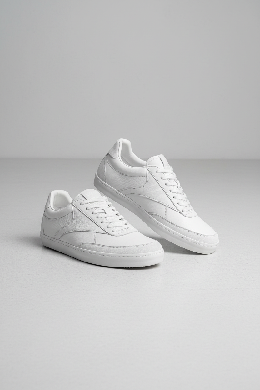 Pair of white sneakers on a gray background