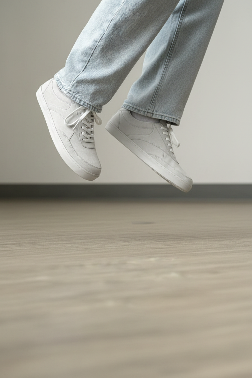 White sneakers and light blue jeans on a neutral background