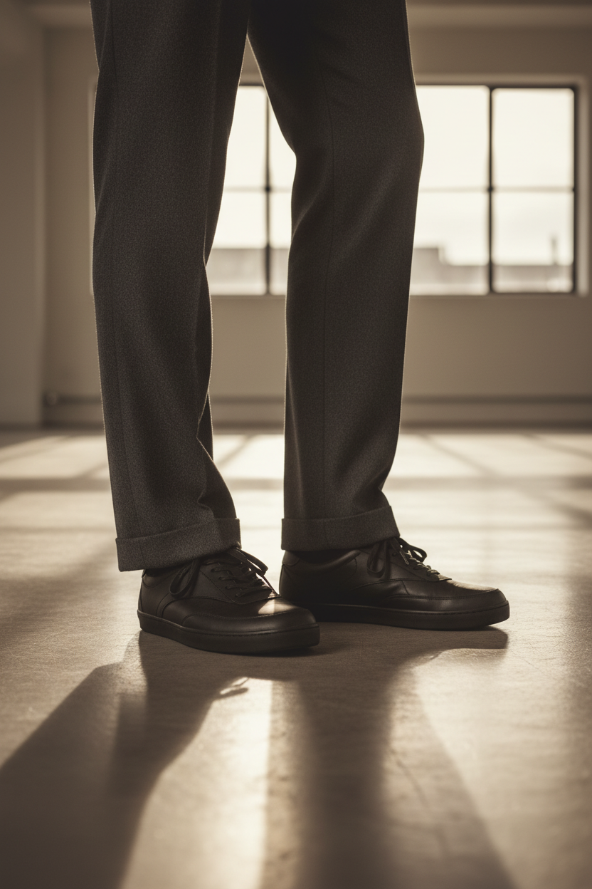 Person wearing dark trousers and black shoes standing on a wooden floor with a blurred background