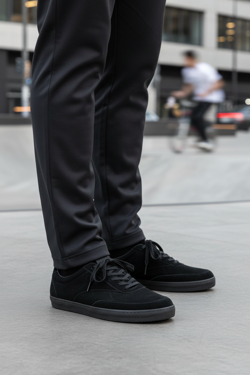 Person wearing black pants and shoes on a city street.
