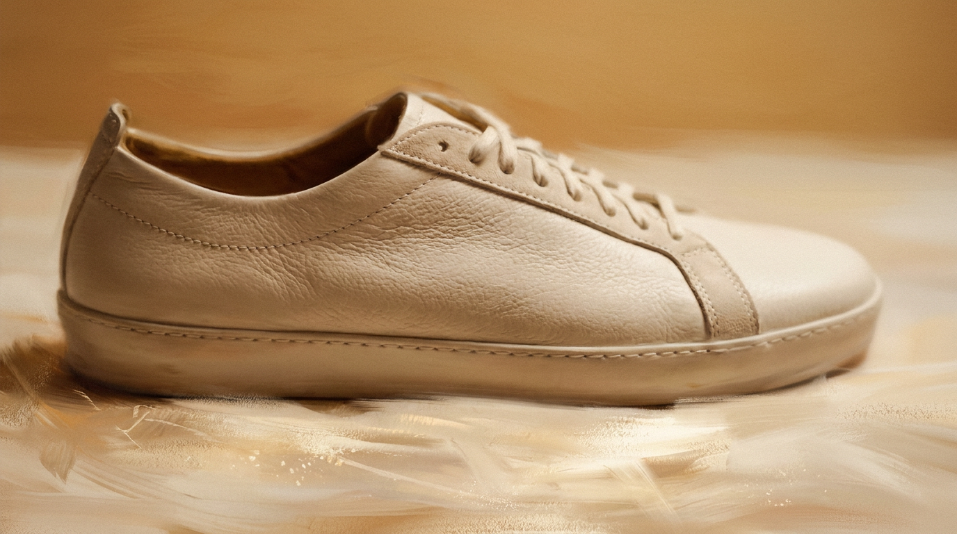 A close-up side view of a light beige leather sneaker with matching laces, resting against a soft, textured beige background.