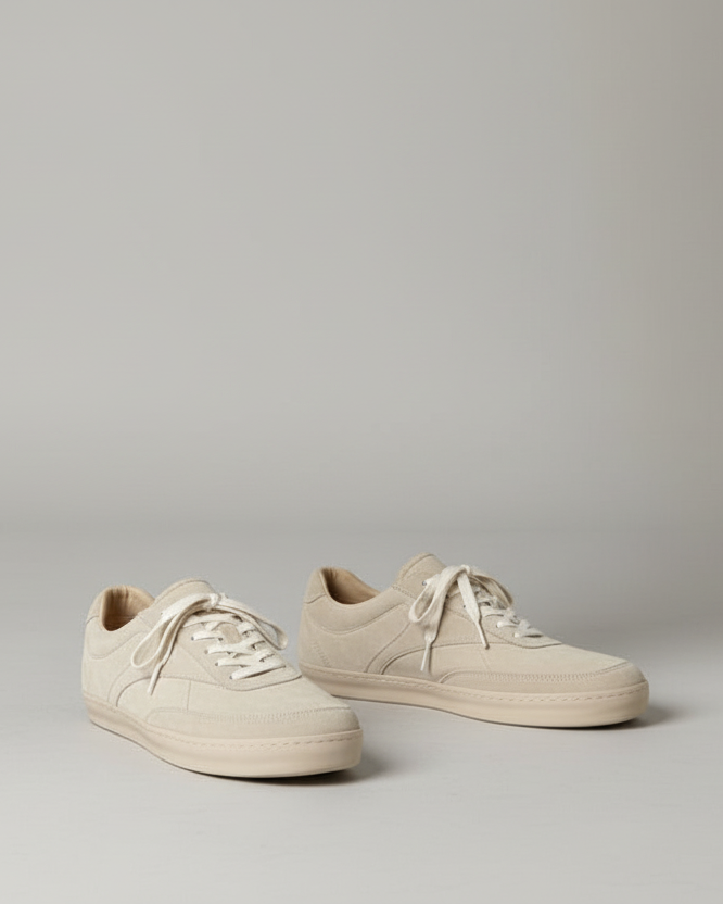 beige sneakers on a neutral background
