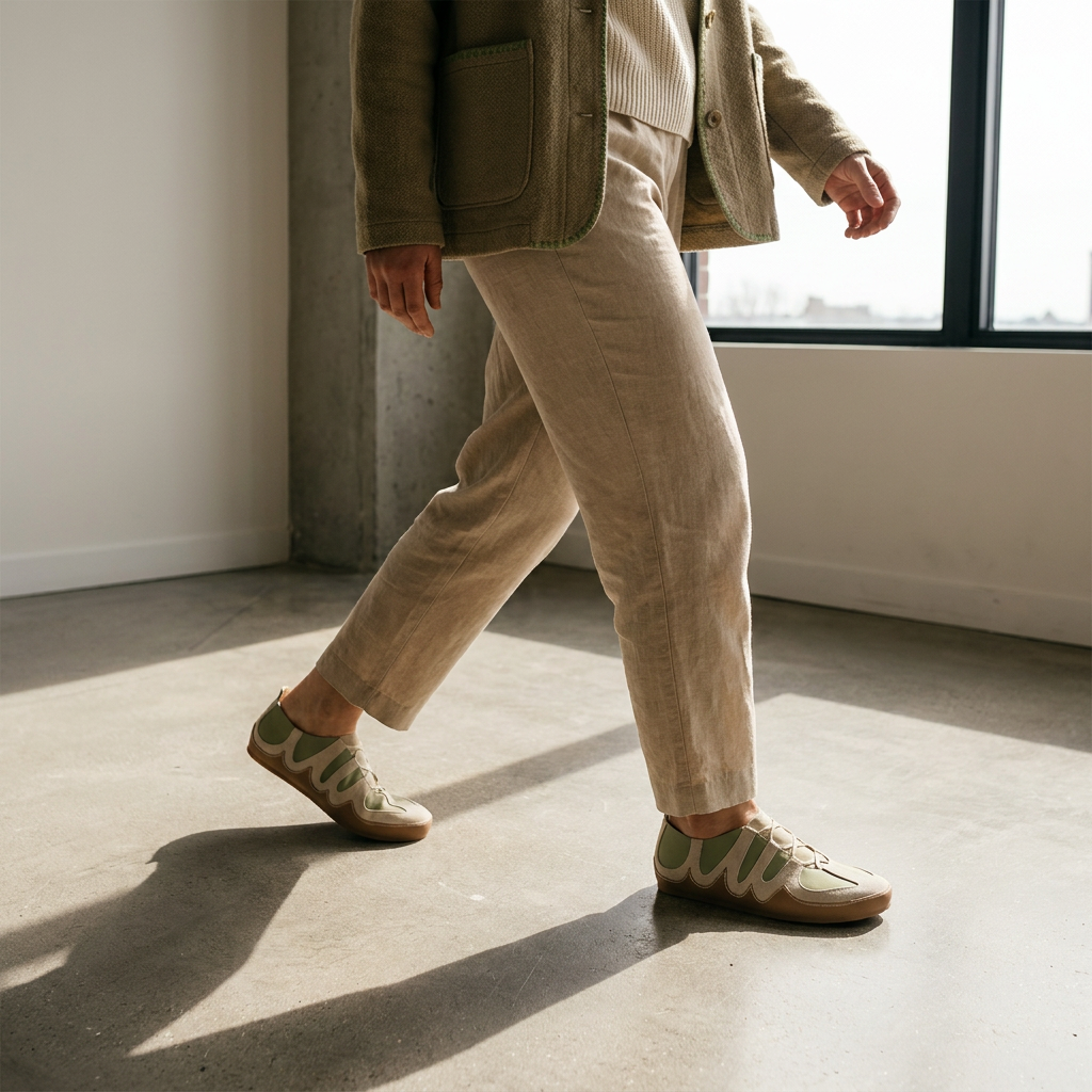 Person wearing beige pants and green sneakers walking in a room with a large window.