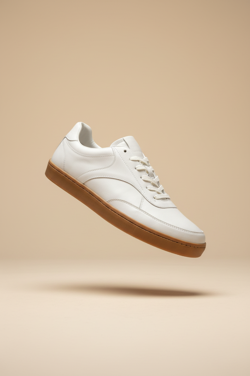 White sneaker with brown sole on a beige background