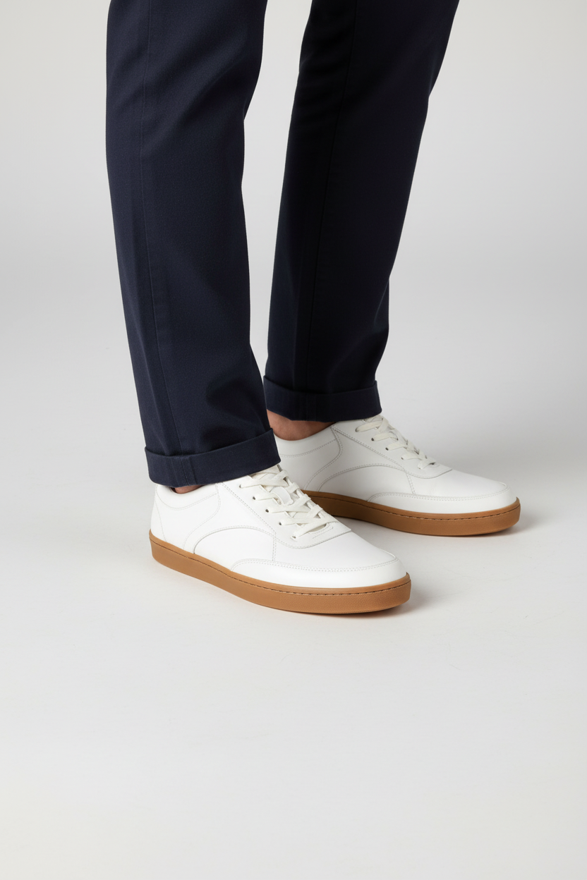 White sneakers with brown soles worn with navy pants on a light gray background